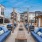 courtyard with seating tables and lighting